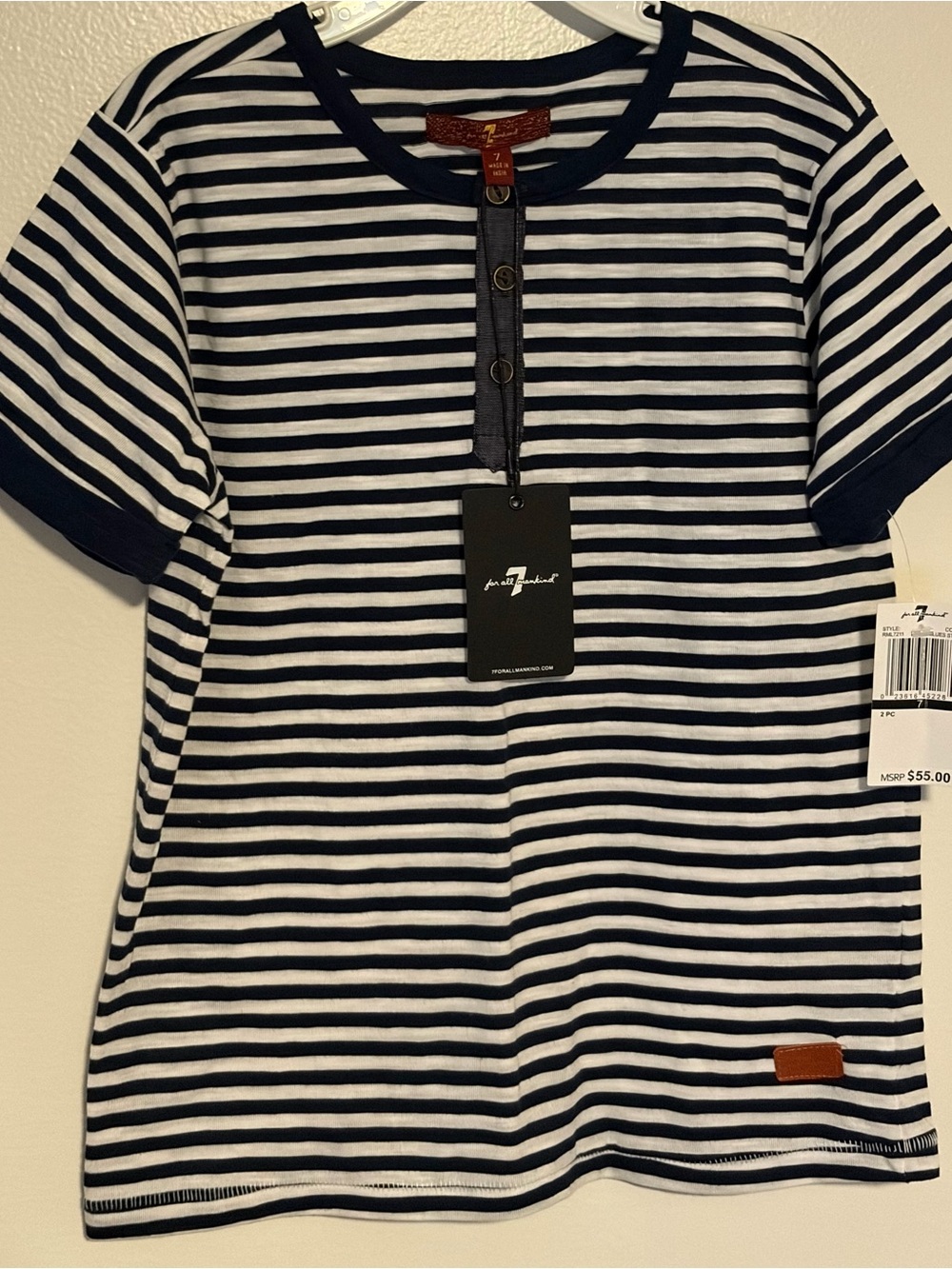 7 For All Mankind Navy and White Striped Henley Short Sleeve Tee